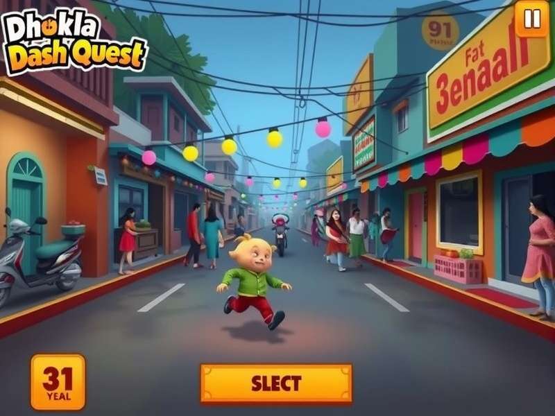 Dhokla Dash Quest gameplay screenshot showing character running through Indian street
